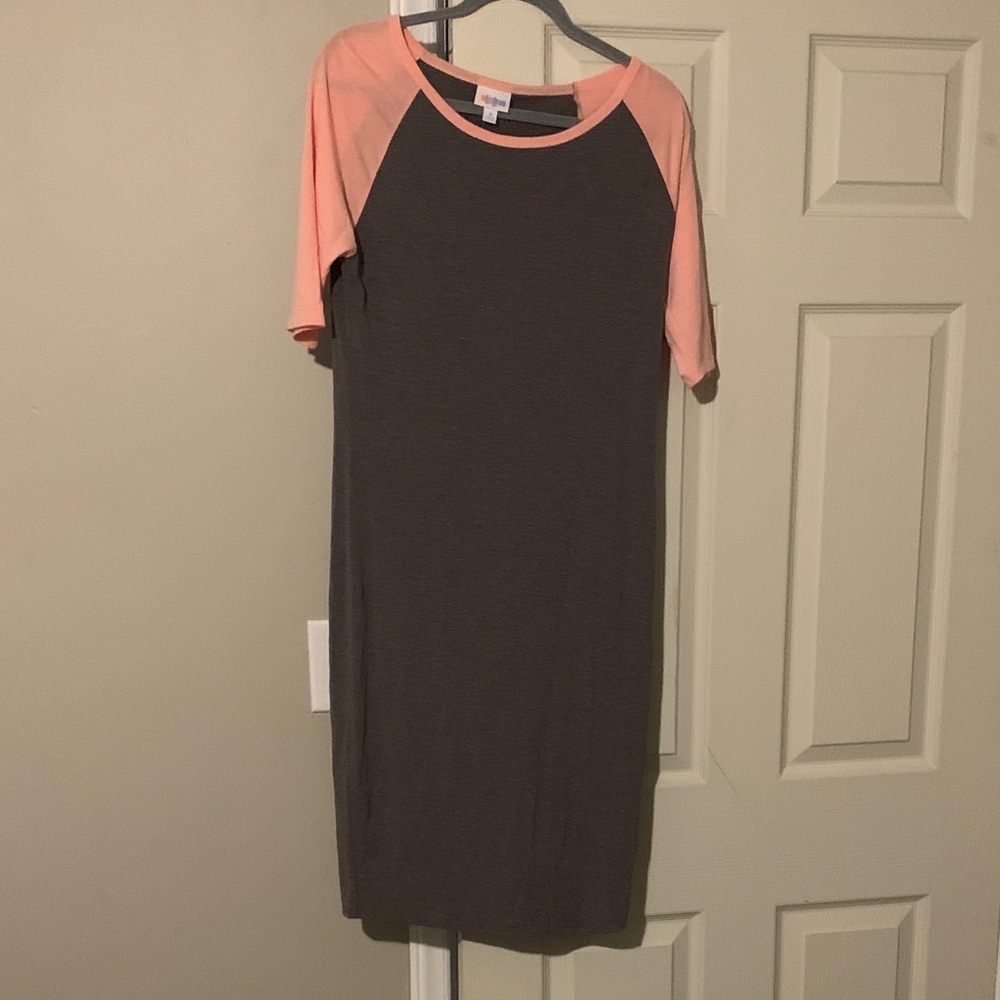 LuLaRoe Julia Gray and Pink Midi Dress
